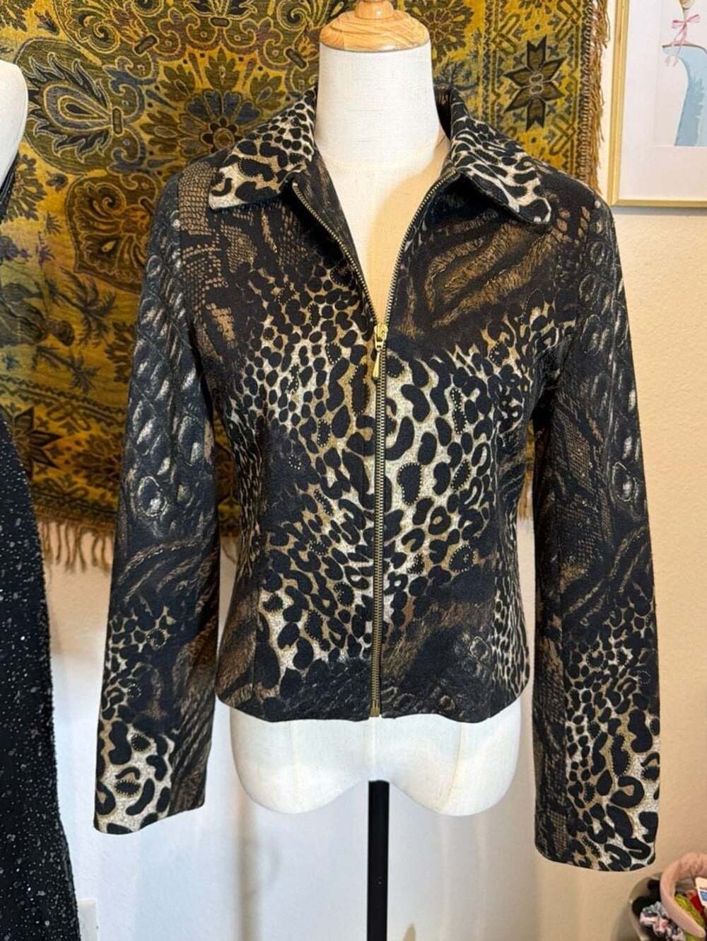 Vintage Lorizoni Mixed Animal Print Zip-Up Jacket Gold Metallic Accents XS